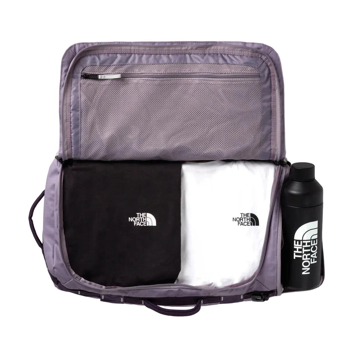 The North Face Base Camp Voyager Duffel 32L Transcendent Grey/Endless Dusk - back panel view showing stowable backpack straps and water-resistant ID window