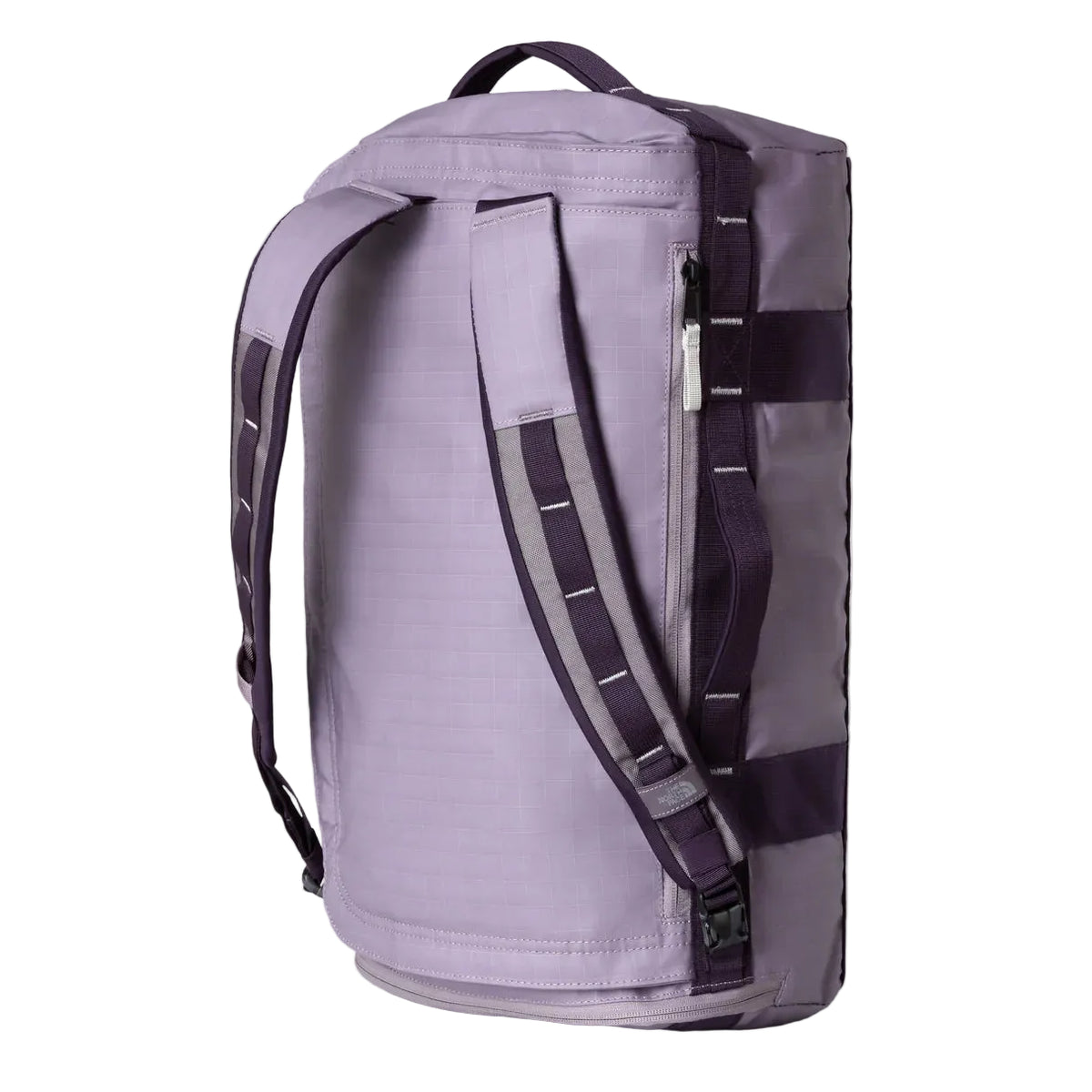 The North Face Base Camp Voyager Duffel 32L Transcendent Grey/Endless Dusk - top view showing main compartment opening and adjustable divider