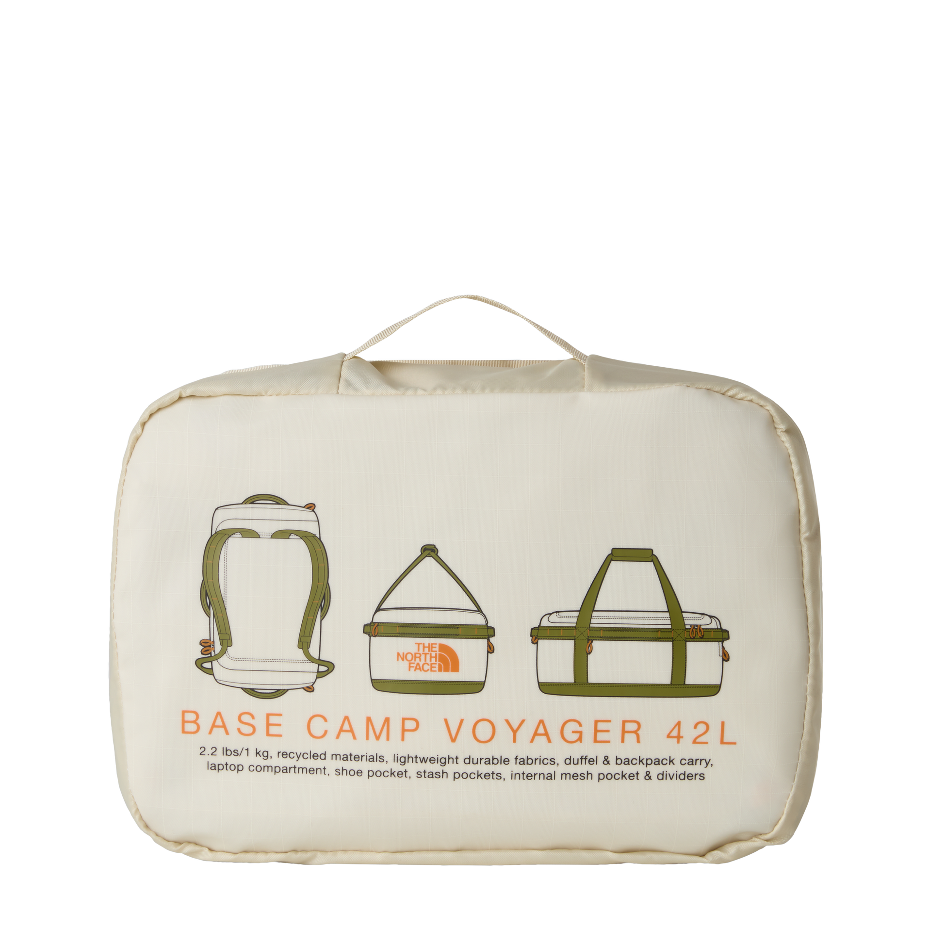 The North Face Base Camp Voyager Duffel 42L Desert Stone/Cedar/Desert Rust - detail of daisy-chain webbing attachment points and recycled ballistic nylon boot construction