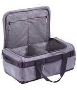 The North Face Base Camp Voyager Duffel 62L Transcendent Grey/Endless Dusk - detail of daisy-chain webbing attachment points and recycled ballistic nylon boot construction