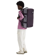 The North Face Base Camp Voyager Duffel 62L Transcendent Grey/Endless Dusk - interior view showing laptop sleeve and secure-zip mesh organisation pockets