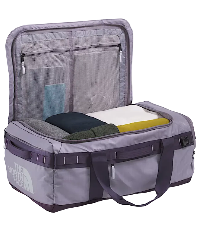 The North Face Base Camp Voyager Duffel 62L Transcendent Grey/Endless Dusk - top view showing main compartment opening and adjustable divider