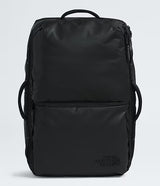 The North Face Base Camp Voyager Travel Pack 35L in Black/Asphalt Grey - front view showing water-resistant recycled fabric and stand-up design