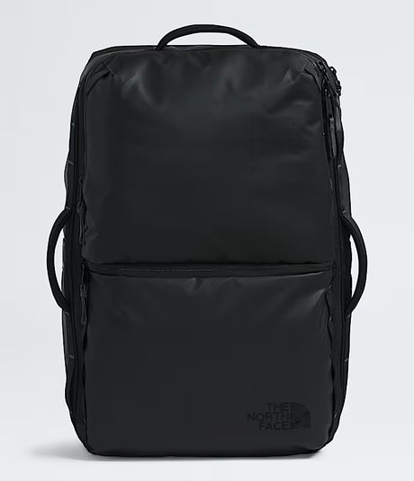 The North Face Base Camp Voyager Travel Pack 35L in Black/Asphalt Grey - front view showing water-resistant recycled fabric and stand-up design