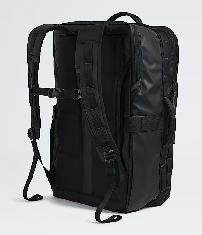 The North Face Base Camp Voyager Travel Pack 35L Black/Asphalt Grey - side view with dual water bottle pockets and daisy-chain webbing
