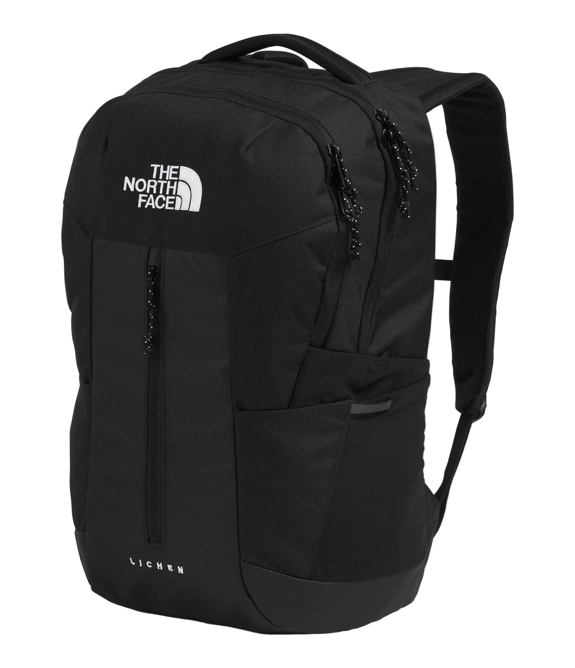 The North Face Lichen Daypack 28L - lifestyle shot showing 600D recycled polyester construction, reflective details and adjustable sternum strap
