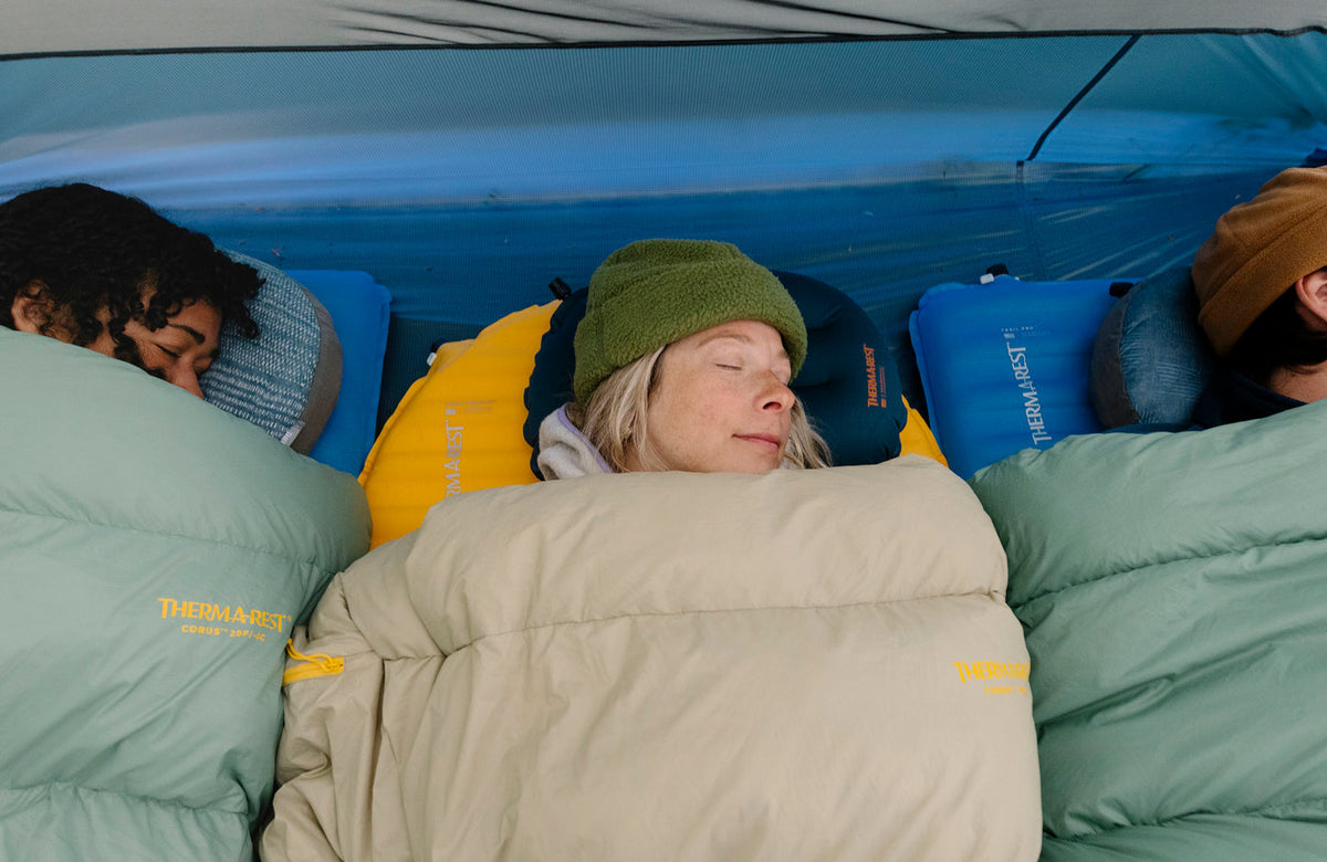 Therm-a-Rest Trail ProLite Sleeping Pad in Mango, in use, campsite