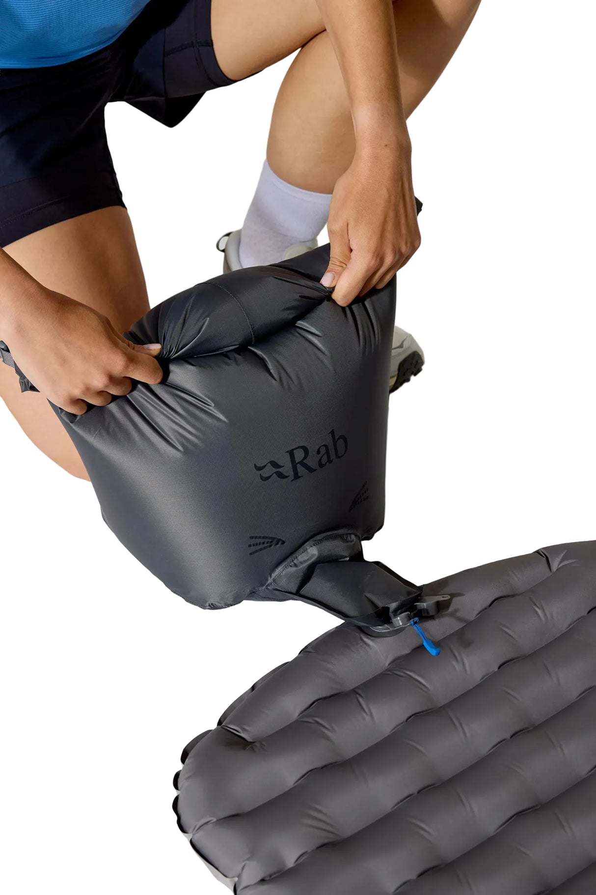 Rab Ultrasphere 1.5 Sleeping Mat in Dark Pewter - pump sack, worn, close-up