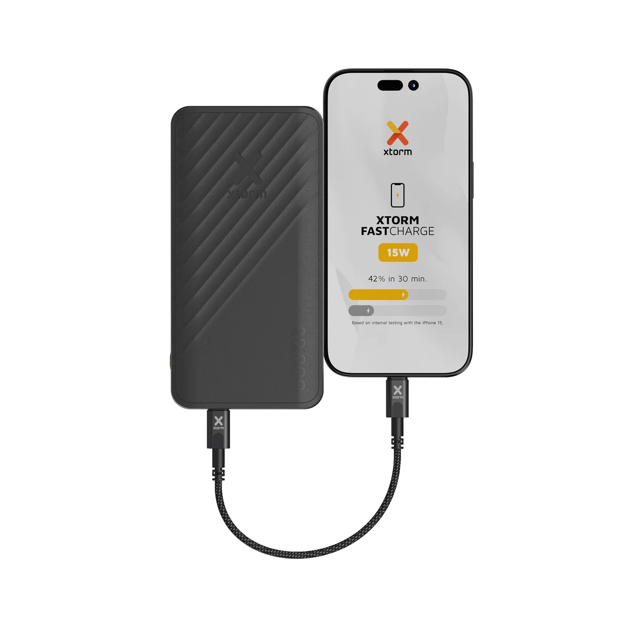 Close-up of Xtorm Go2 power bank USB-A and USB-C charging ports