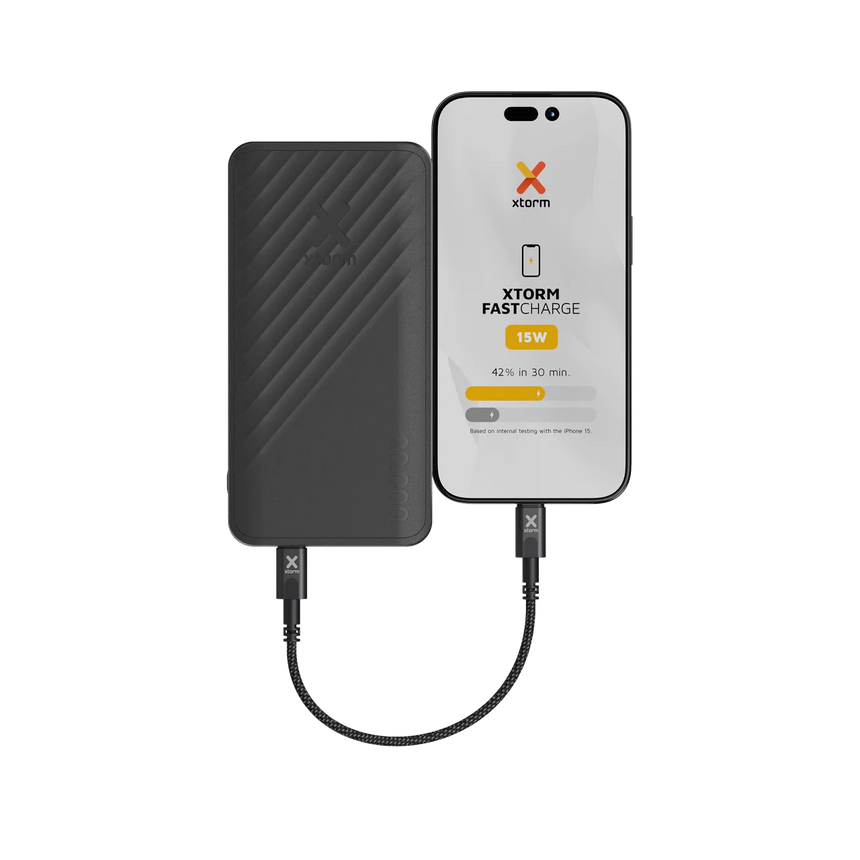 Close-up of Xtorm Go2 power bank USB-A and USB-C charging ports