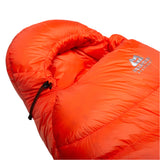 Mountain Equipment Kryos Sleeping Bag in Cardinal Orange - Hood and Collar Detail