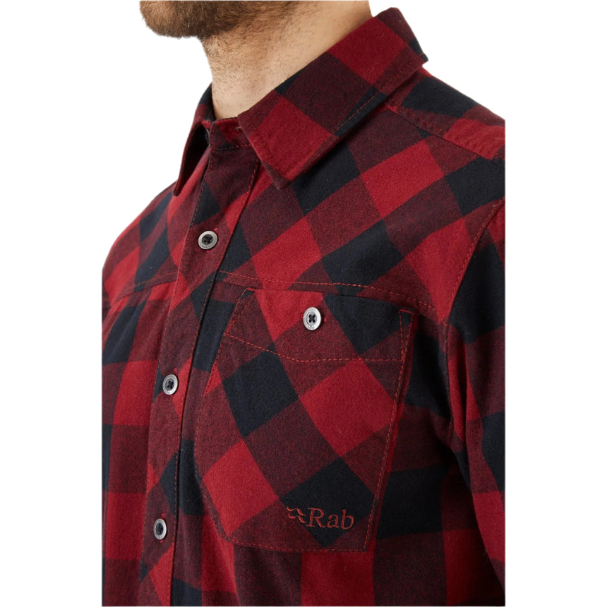 Rab Men's Boundary Brushed Cotton Shirt in Oxblood Red Check (Reference) - collar detail