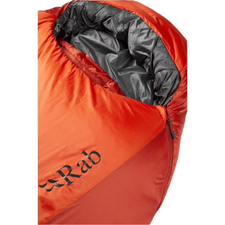 Rab Solar Eco 4 Sleeping Bag in Firecracker - hood detail with logo