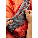 Rab Solar Eco 4 Sleeping Bag in Firecracker - zip baffle detail
