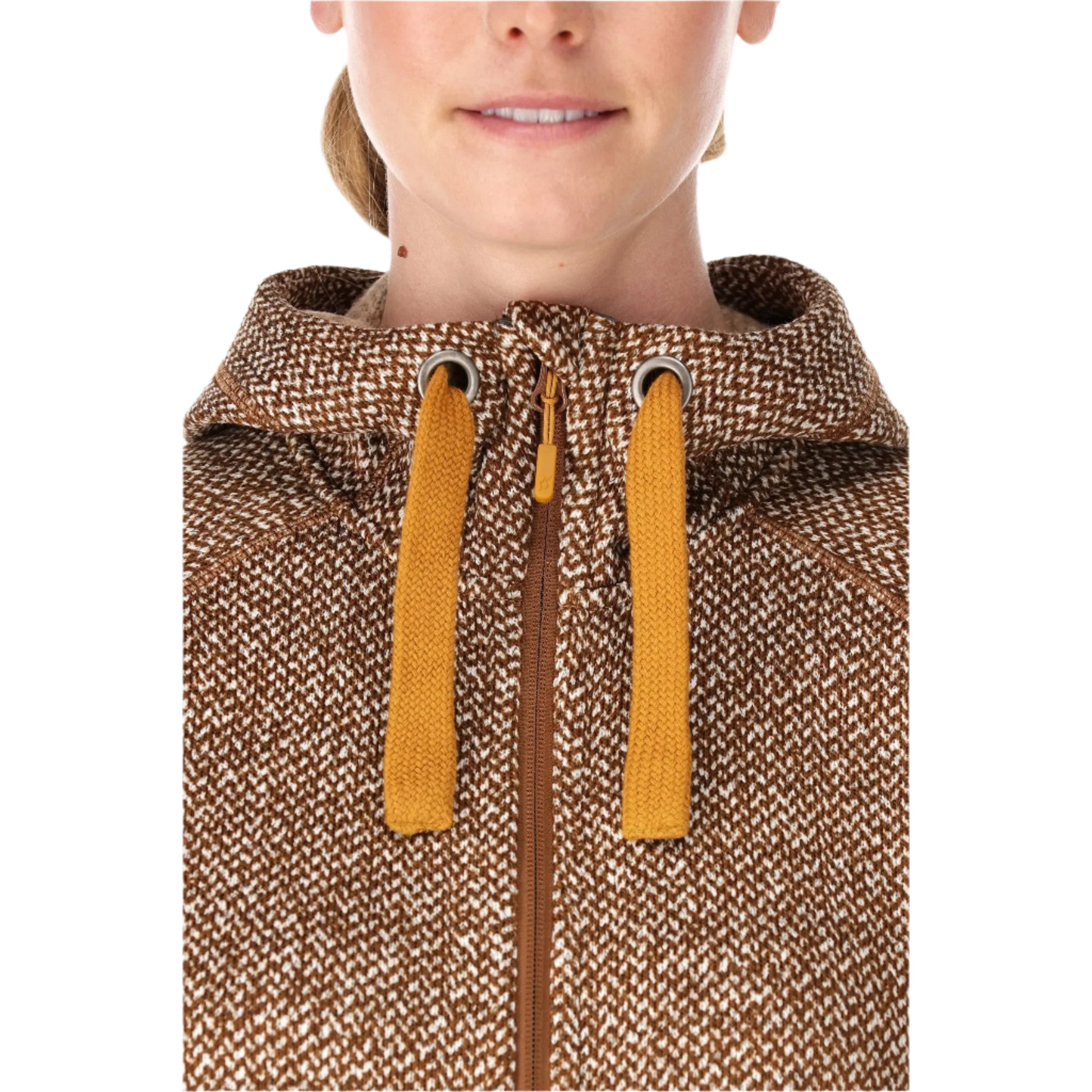 Rab Women's Amy Hoody in Caramel (Reference) - Hood Drawcord Detail