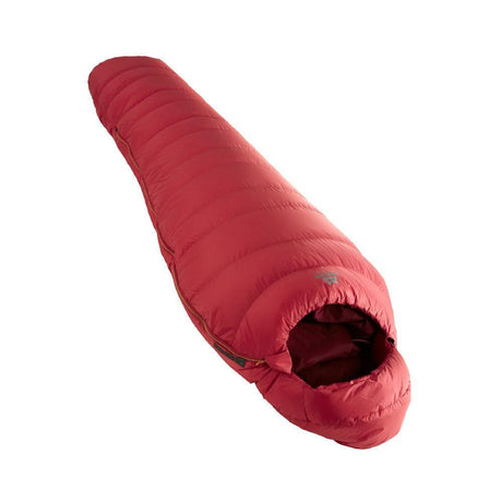 Mountain Equipment Glacier 300 Sleeping Bag in Imperial Red - full length view showing 283 g of 700+ fill power duck down and lightweight Alpine fit construction