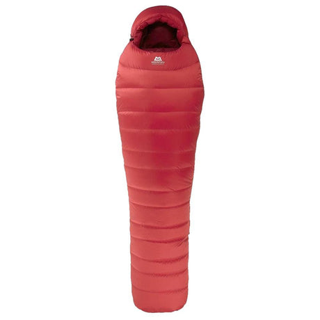Mountain Equipment Glacier 700 Sleeping Bag in Imperial Red - top view showing 5-baffle anatomically shaped hood and Lode Lock magnetic closure