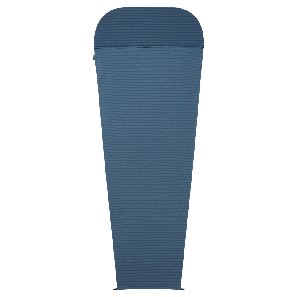 Mountain Equipment Groundup Mummy Sleeping Bag Liner in Denim Blue Stripe - front view showing drirelease Lyocell fabric and lightweight stretchy construction