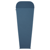 Mountain Equipment Groundup Mummy Sleeping Bag Liner in Denim Blue Stripe - front view showing drirelease Lyocell fabric and lightweight stretchy construction