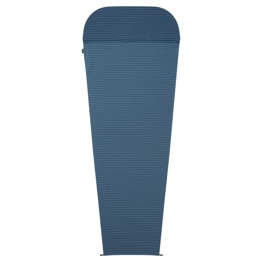 Mountain Equipment Groundup Mummy Sleeping Bag Liner in Denim Blue Stripe - front view showing drirelease Lyocell fabric and lightweight stretchy construction