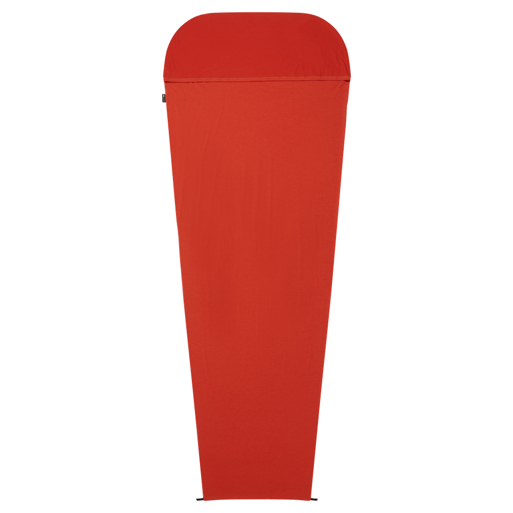 Mountain Equipment Groundup Mummy Sleeping Bag Liner in Paprika - front view showing drirelease Lyocell fabric and lightweight stretchy construction