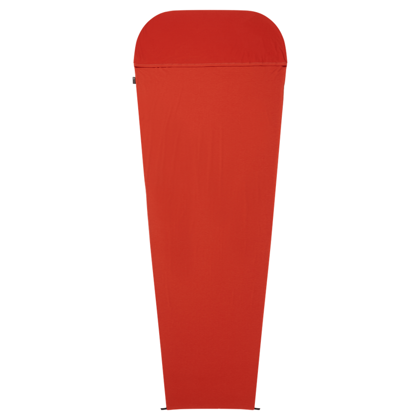 Mountain Equipment Groundup Mummy Sleeping Bag Liner in Paprika - front view showing drirelease Lyocell fabric and lightweight stretchy construction