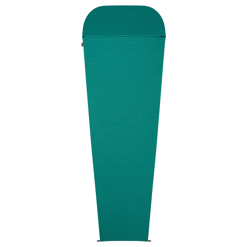 Mountain Equipment Groundup Mummy Sleeping Bag Liner in Spruce Stripe - front view showing drirelease Lyocell fabric and lightweight stretchy construction
