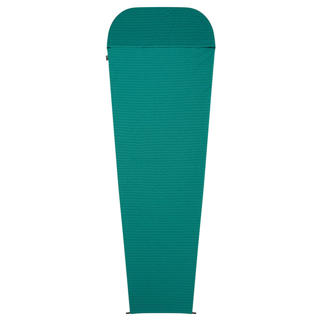 Mountain Equipment Groundup Mummy Sleeping Bag Liner in Spruce Stripe - front view showing drirelease Lyocell fabric and lightweight stretchy construction