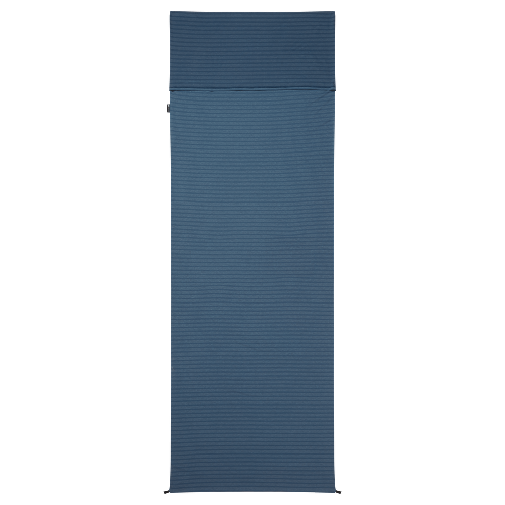 Mountain Equipment Groundup Rectangular Sleeping Bag Liner in Denim Blue - front view showing drirelease Lyocell fabric and lightweight stretchy construction