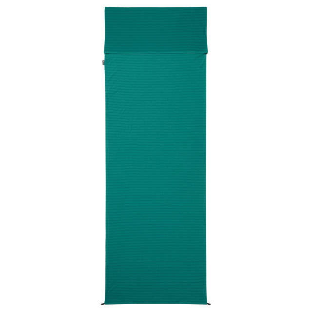 Mountain Equipment Groundup Rectangular Sleeping Bag Liner in Spruce Stripe - front view showing drirelease Lyocell fabric and lightweight stretchy construction