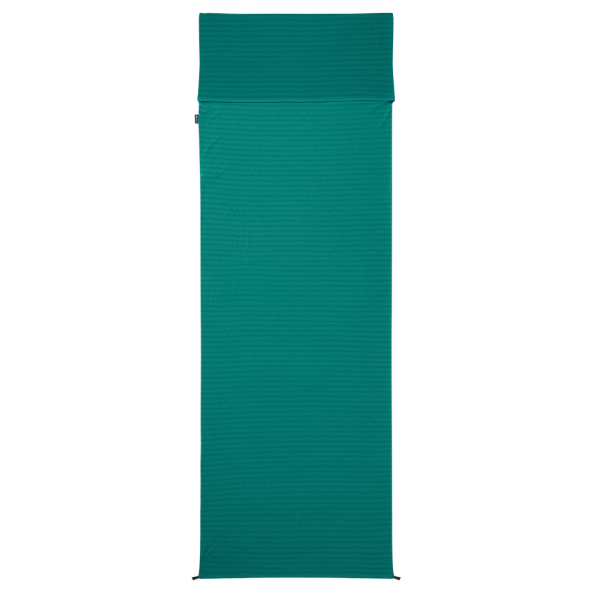 Mountain Equipment Groundup Rectangular Sleeping Bag Liner in Spruce Stripe - front view showing drirelease Lyocell fabric and lightweight stretchy construction