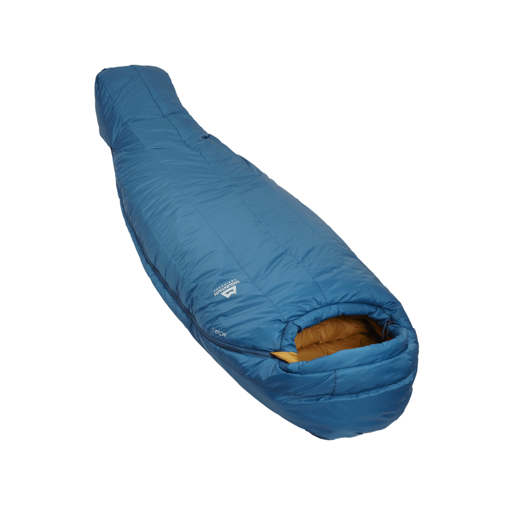 Mountain Equipment Nova II Women's Sleeping Bag in Ink/Pumpkin Spice - full length view showing spacious Mountain Fit and keystone shingle construction