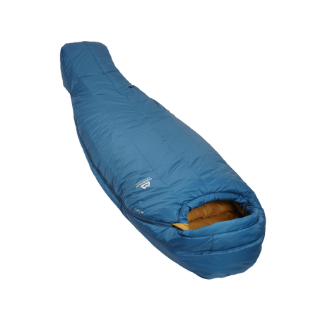 Mountain Equipment Nova II Women's Sleeping Bag in Ink/Pumpkin Spice - full length view showing spacious Mountain Fit and keystone shingle construction