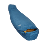 Mountain Equipment Nova III Women's Sleeping Bag in Ink/Pumpkin Spice - full length view showing spacious Mountain Fit and keystone shingle construction