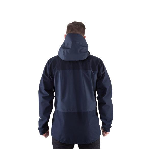 Mountain Equipment Saltoro GORE-TEX Men's Jacket in Blue Nights/Cosmos - side view showing YKK WR underarm venting zips and adjustable laminated cuffs